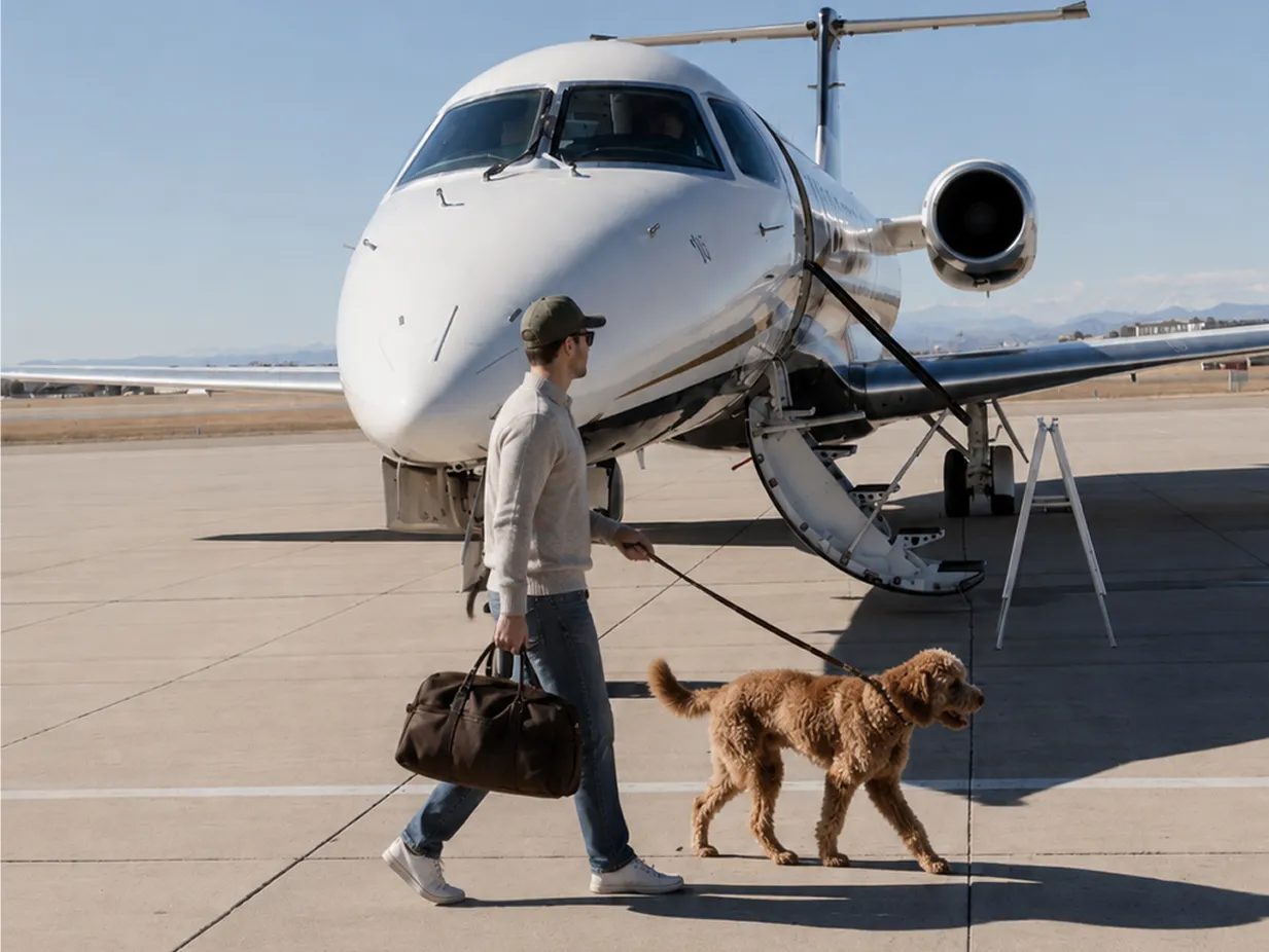 Large dog travelling in a private jet cabin