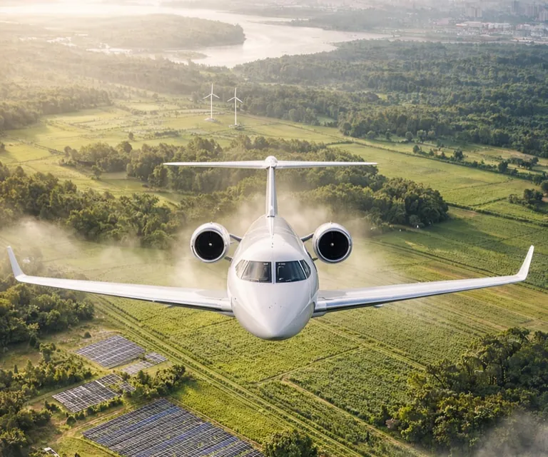 Jet privado volando bajo sobre una campiña verde