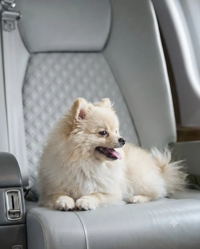 Perro pomerania sentado en un asiento de la cabina de un jet privado