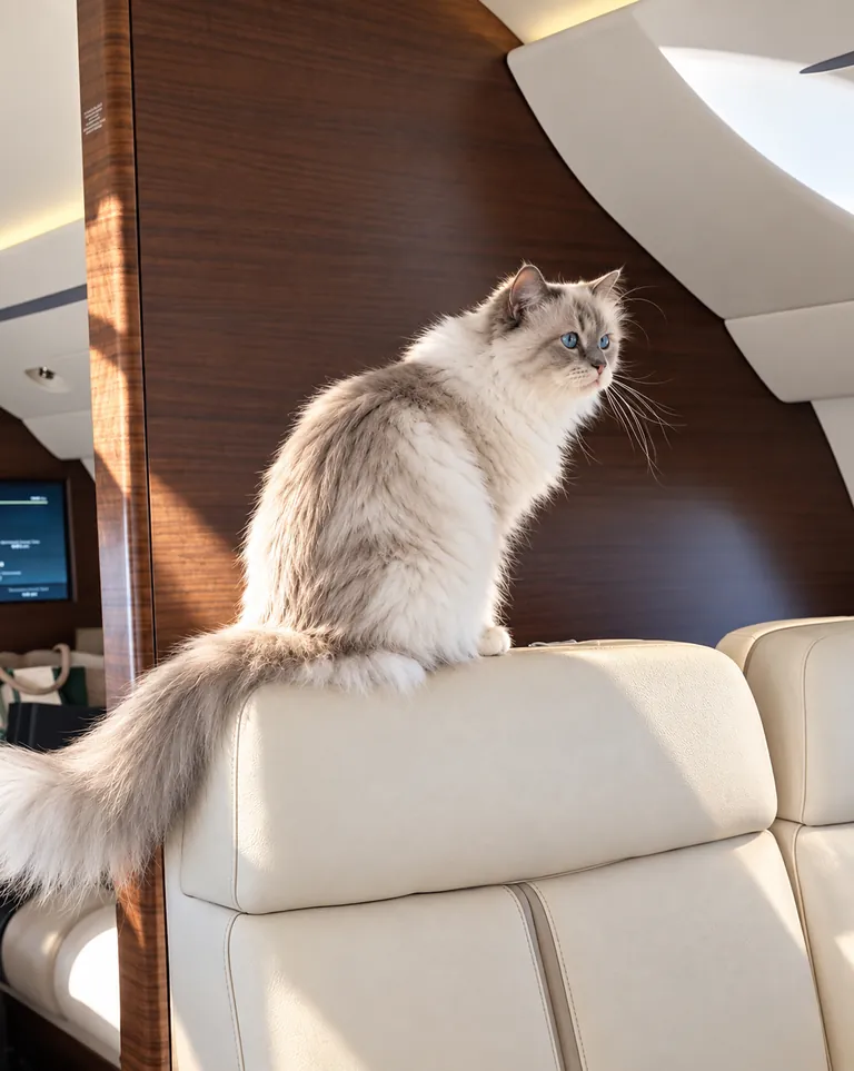 Pomeranian dog sitting on a private jet cabin seat