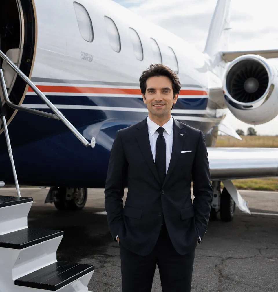 C. Peñalver Pérez, responsable de supervisión de operaciones de PVJets, delante de un jet privado