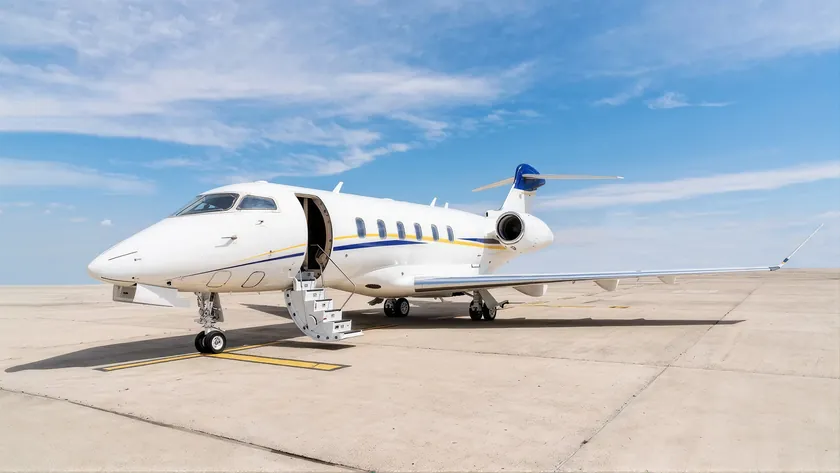 Jet privado Bombardier Challenger 3500 en una plataforma soleada con la escalerilla desplegada