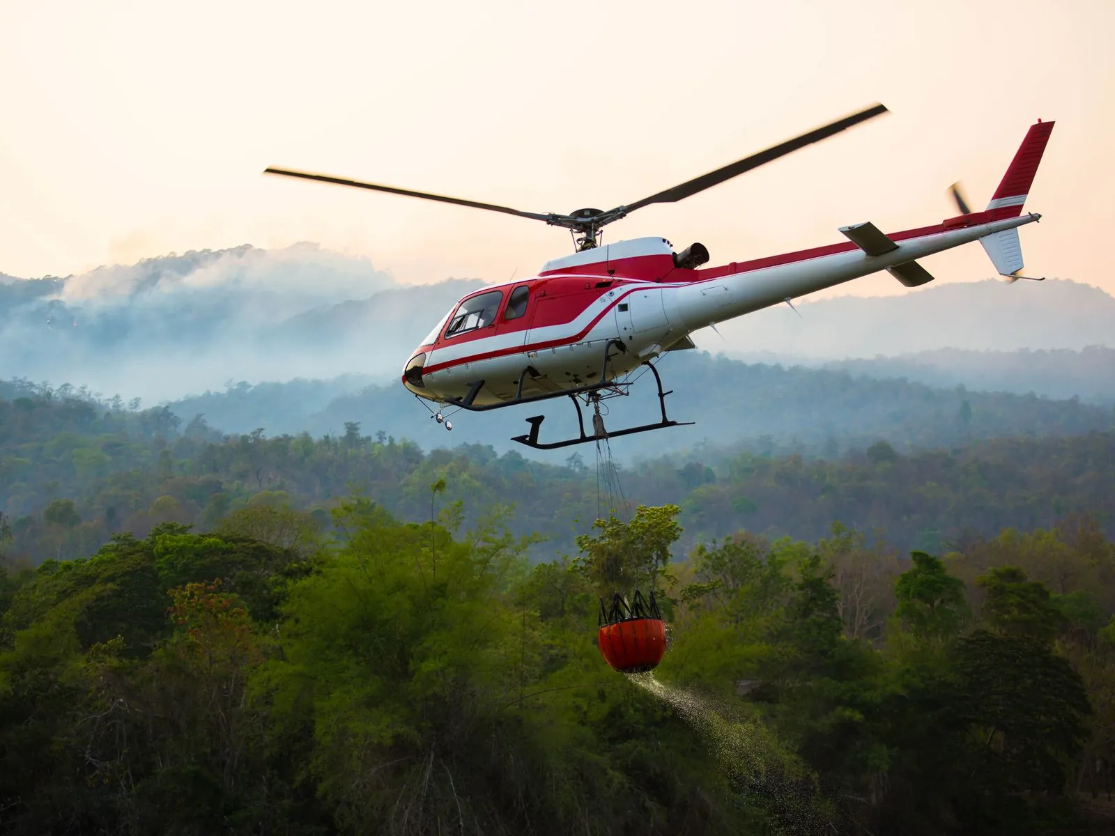 Un helicóptero de rescate transporta una carga sobre un terreno boscoso