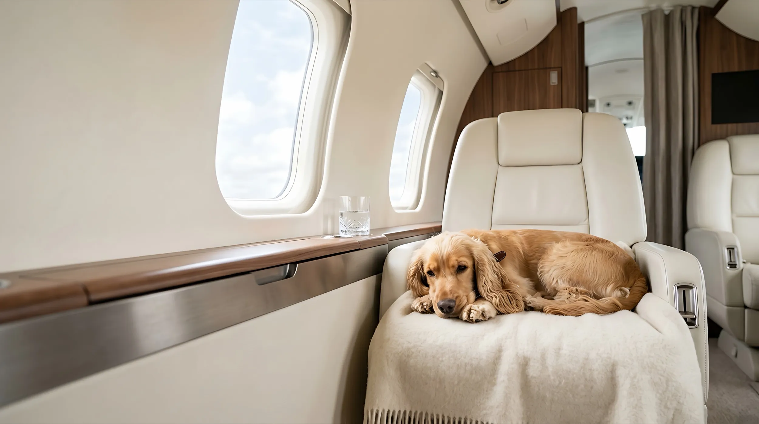 Un perro descansando sobre una manta suave en el asiento de un jet privado