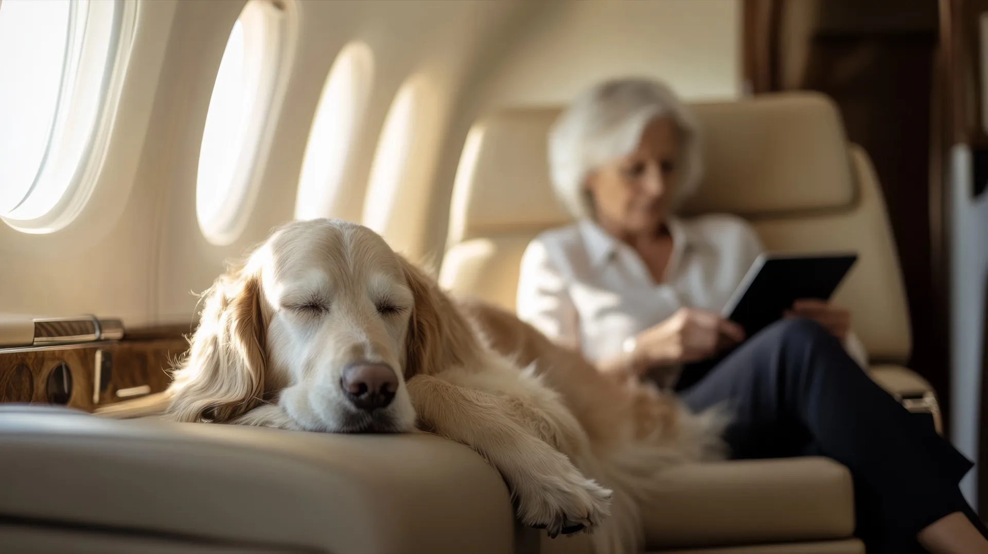 Un perro dormido junto a su dueño en la cabina de un jet privado