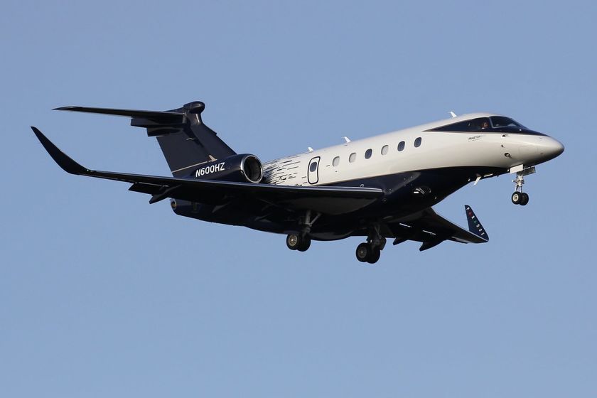 Embraer Praetor 600 private jet in flight against a clear blue sky