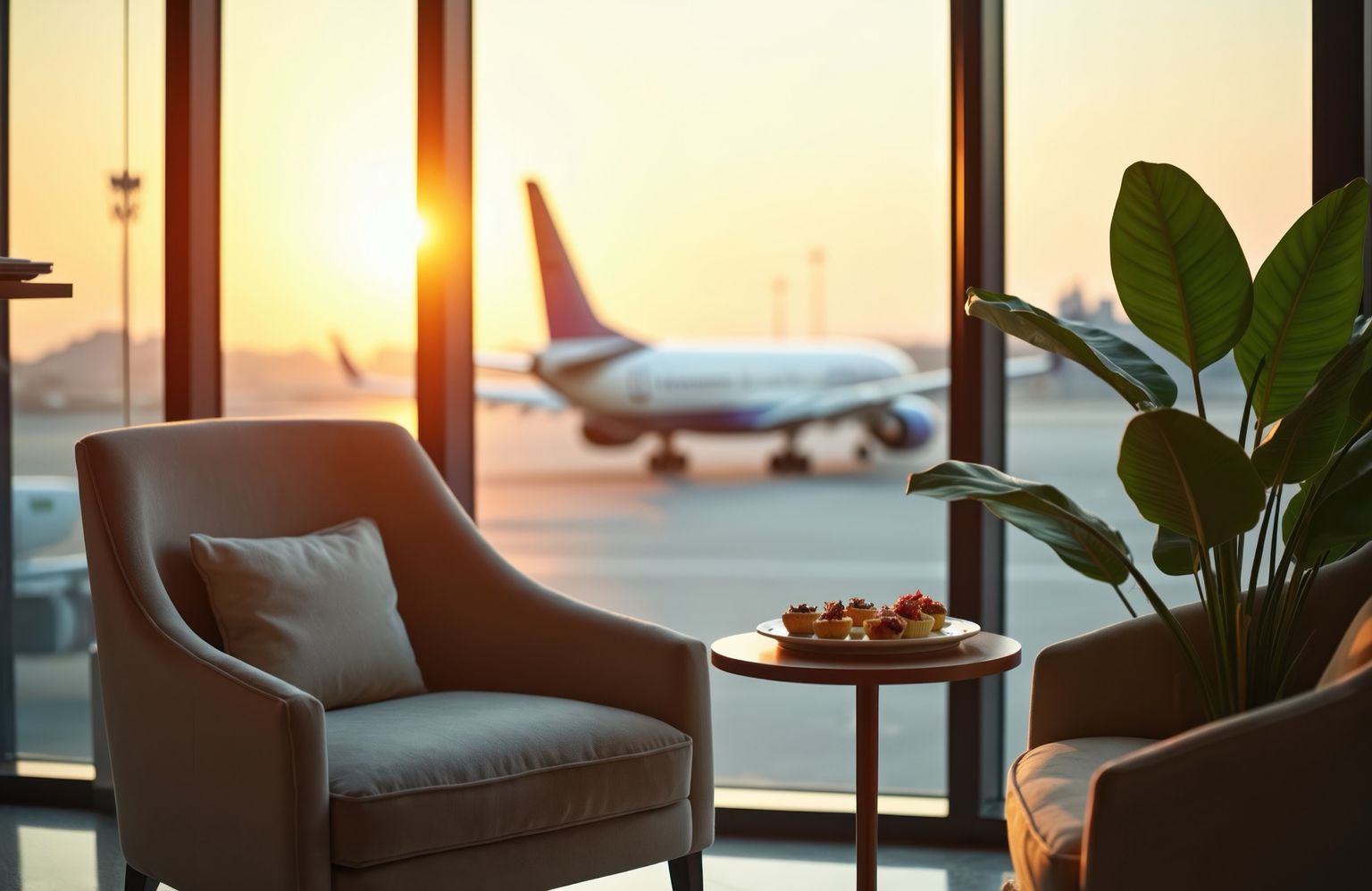 Fauteuil d'un salon privé devant des baies vitrées donnant sur un avion au coucher du soleil