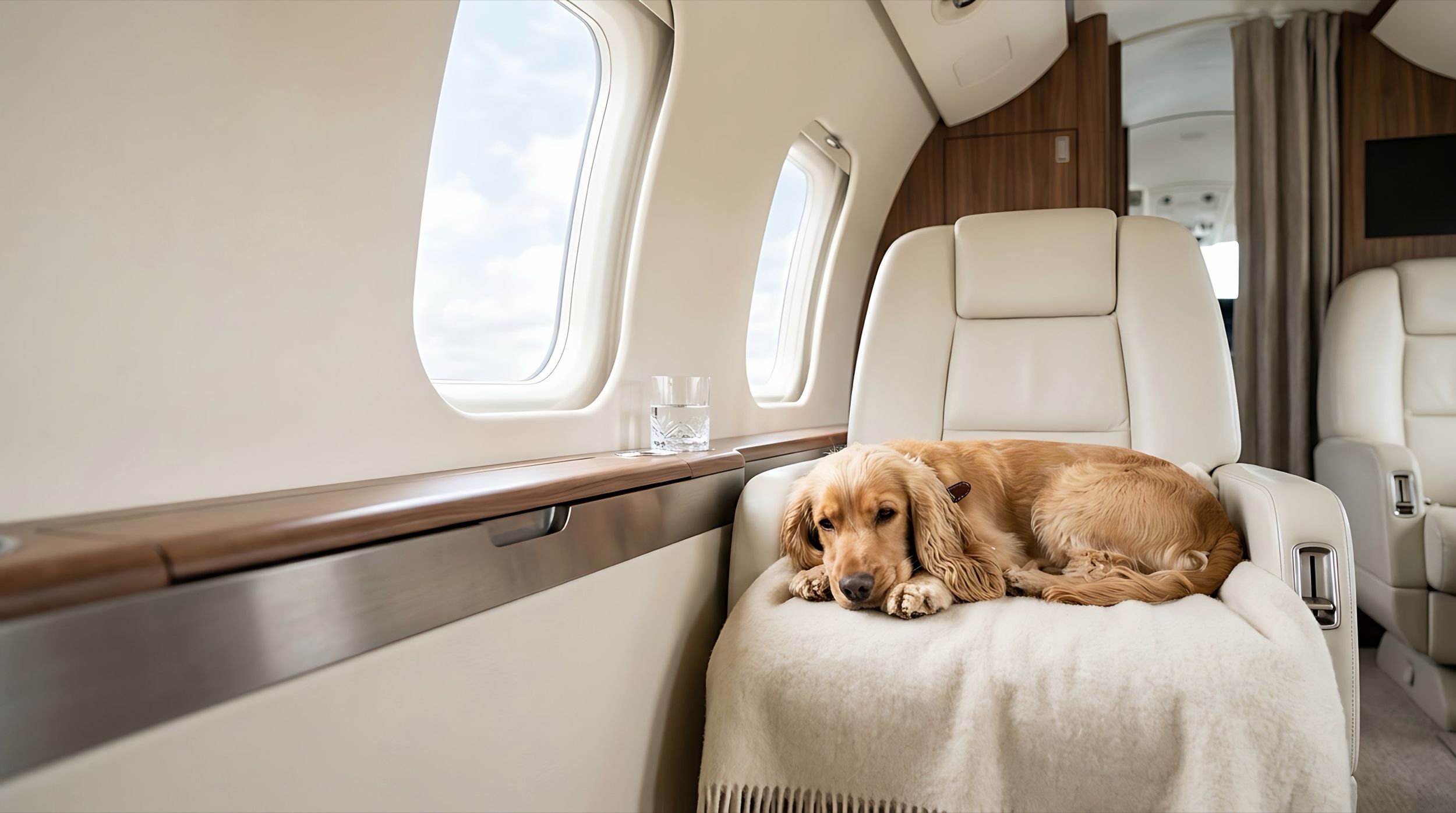 A dog resting on a soft blanket on a private jet seat