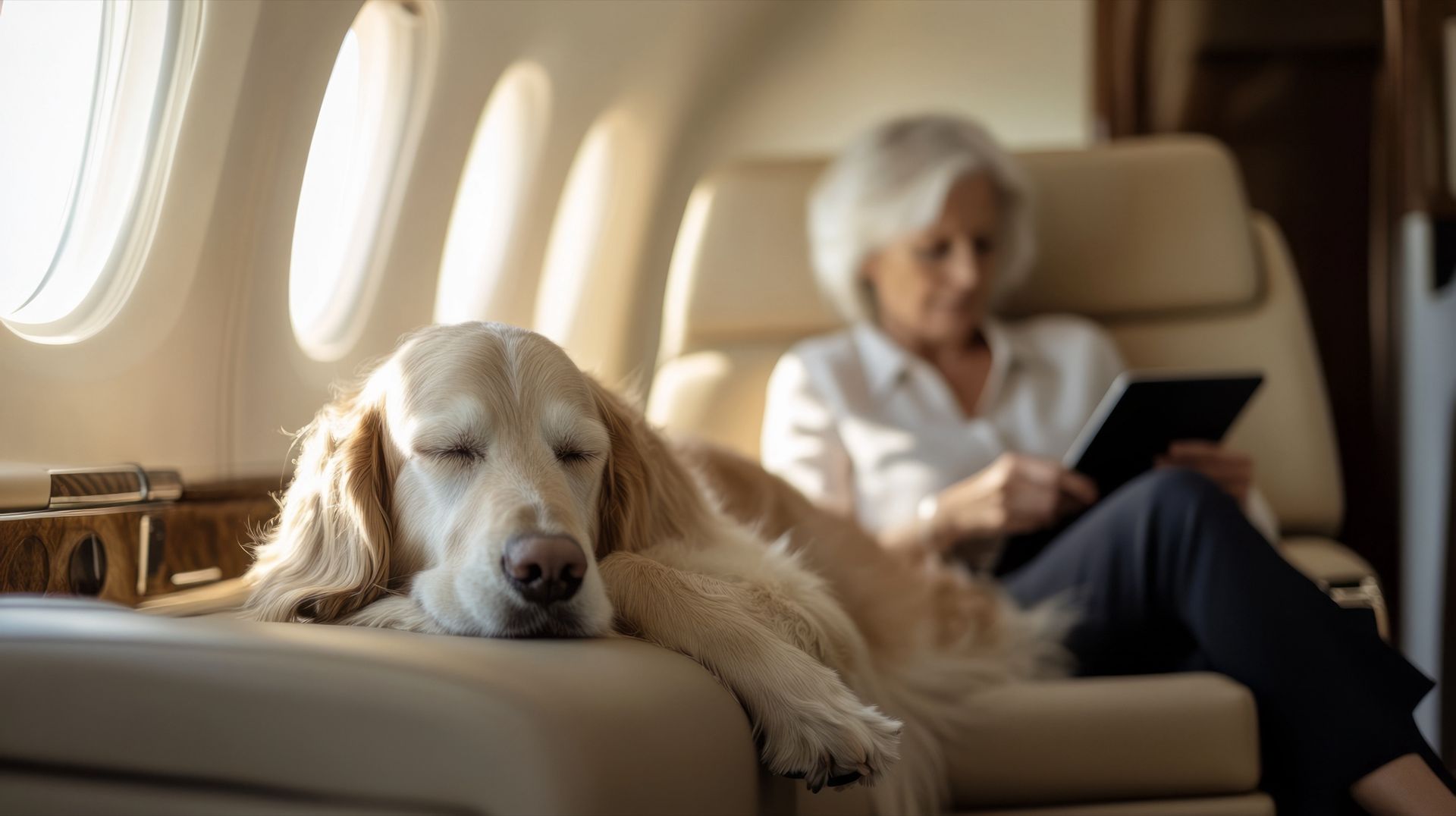 A dog asleep beside its owner in a private jet cabin