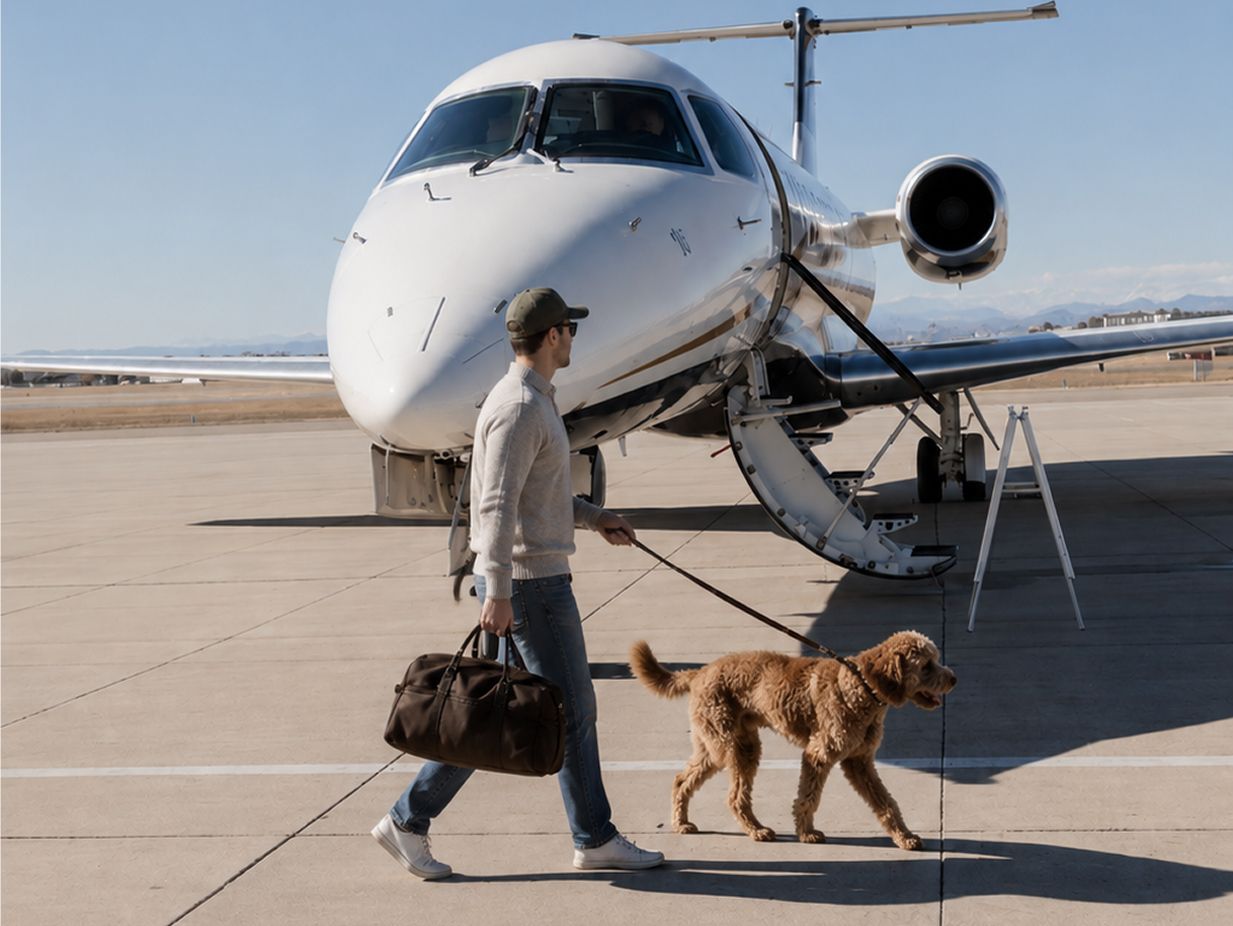 A man walking his dog across the tarmac toward a private jet