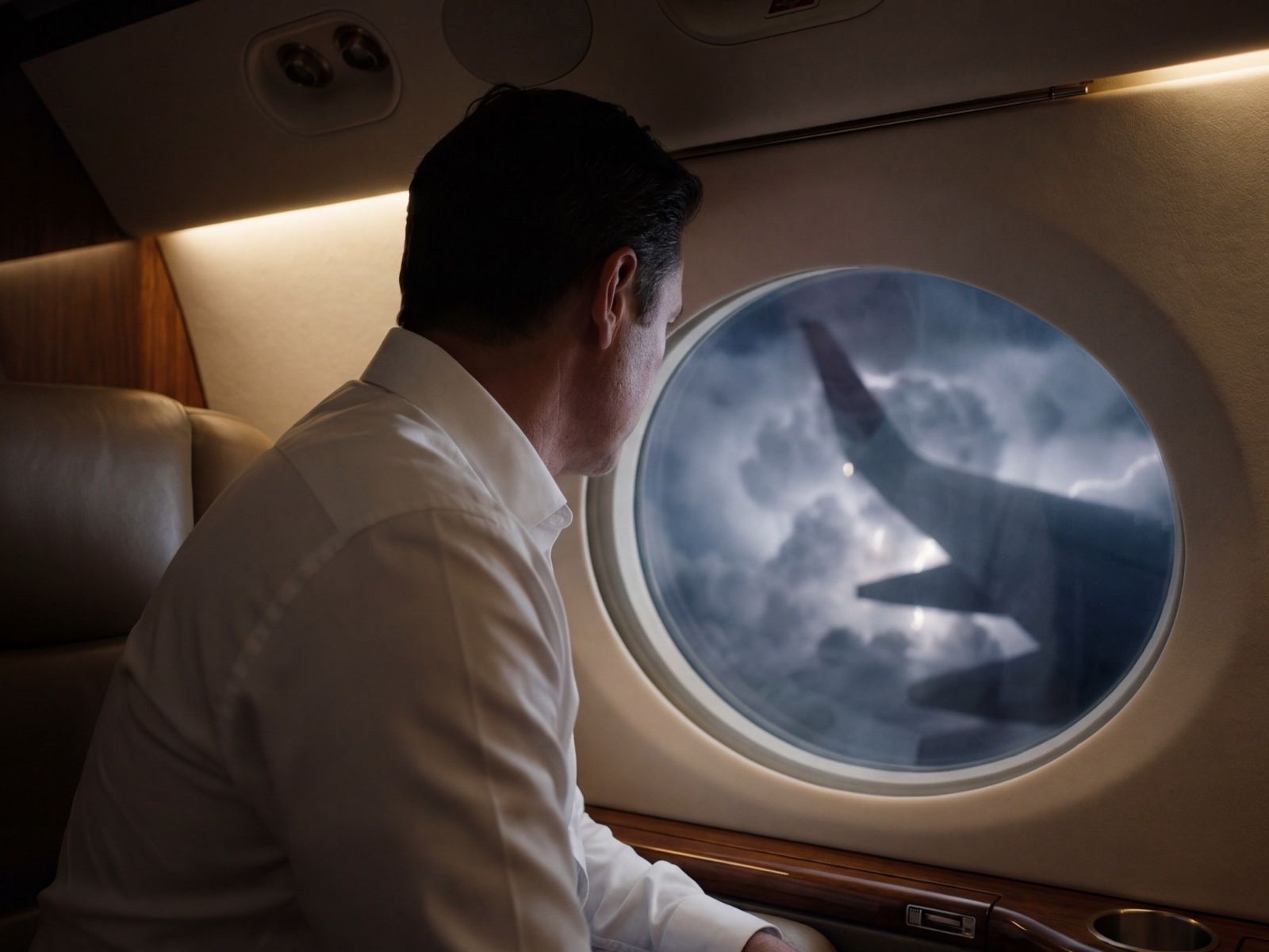 A traveller in a private jet cabin looking out the window at the wing