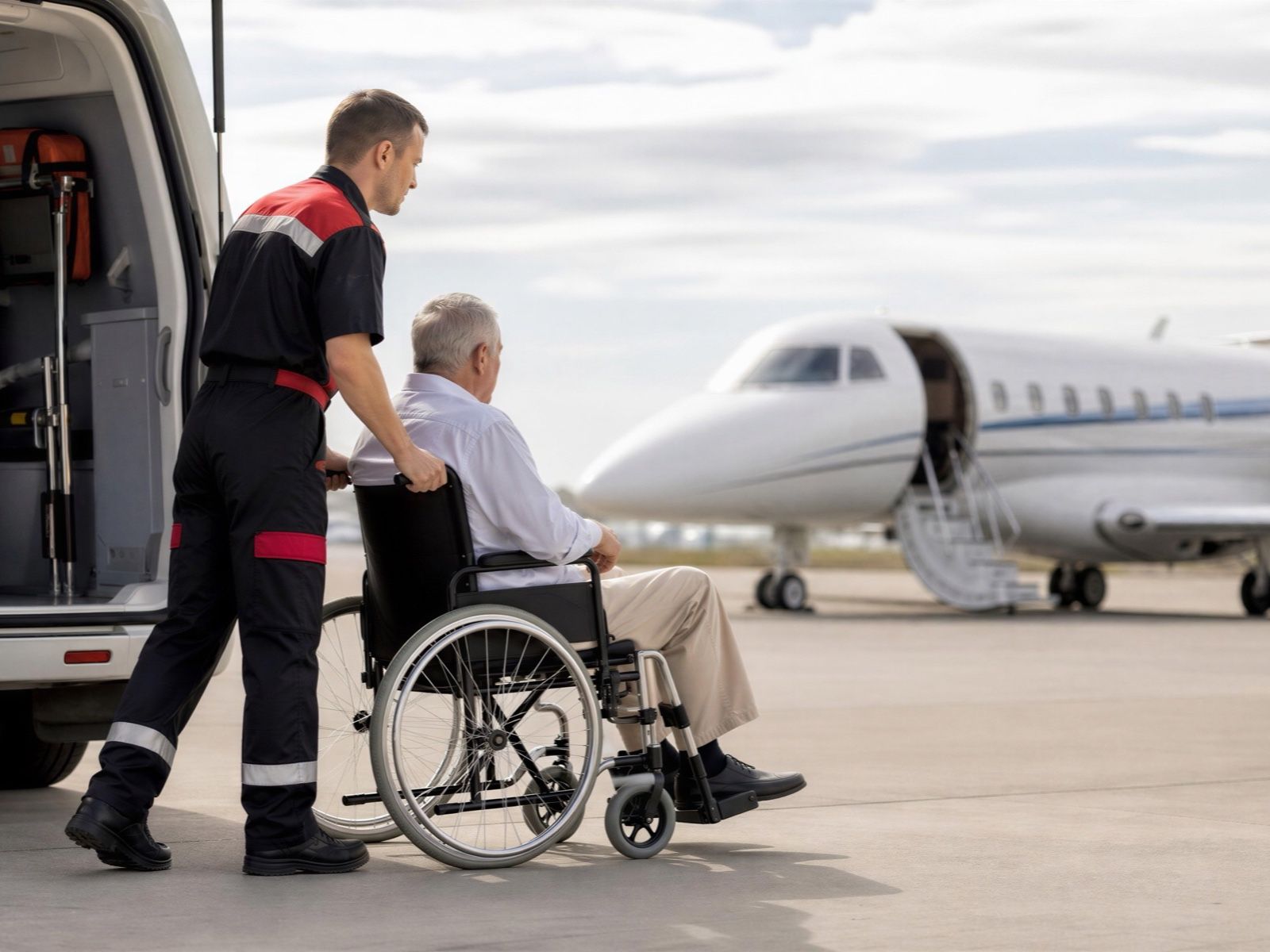 A paramedic wheeling a patient toward a private jet beside an air ambulance