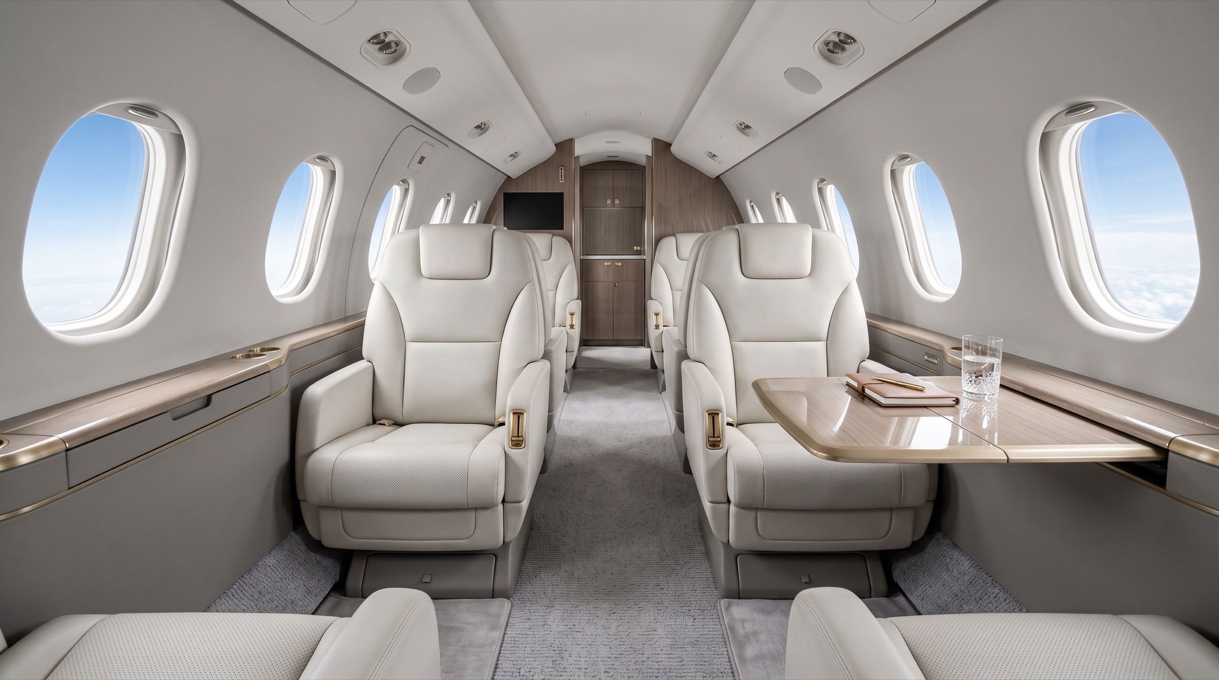 The cream-leather cabin of a private jet with facing club seats and a folding table